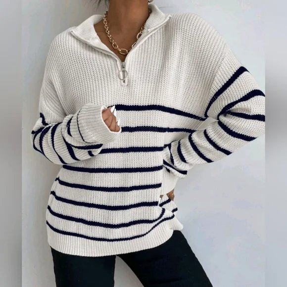 NEW Chic Zip Striped Oversized Knit Pullover Sweater Top White Black - Picture 2 of 8